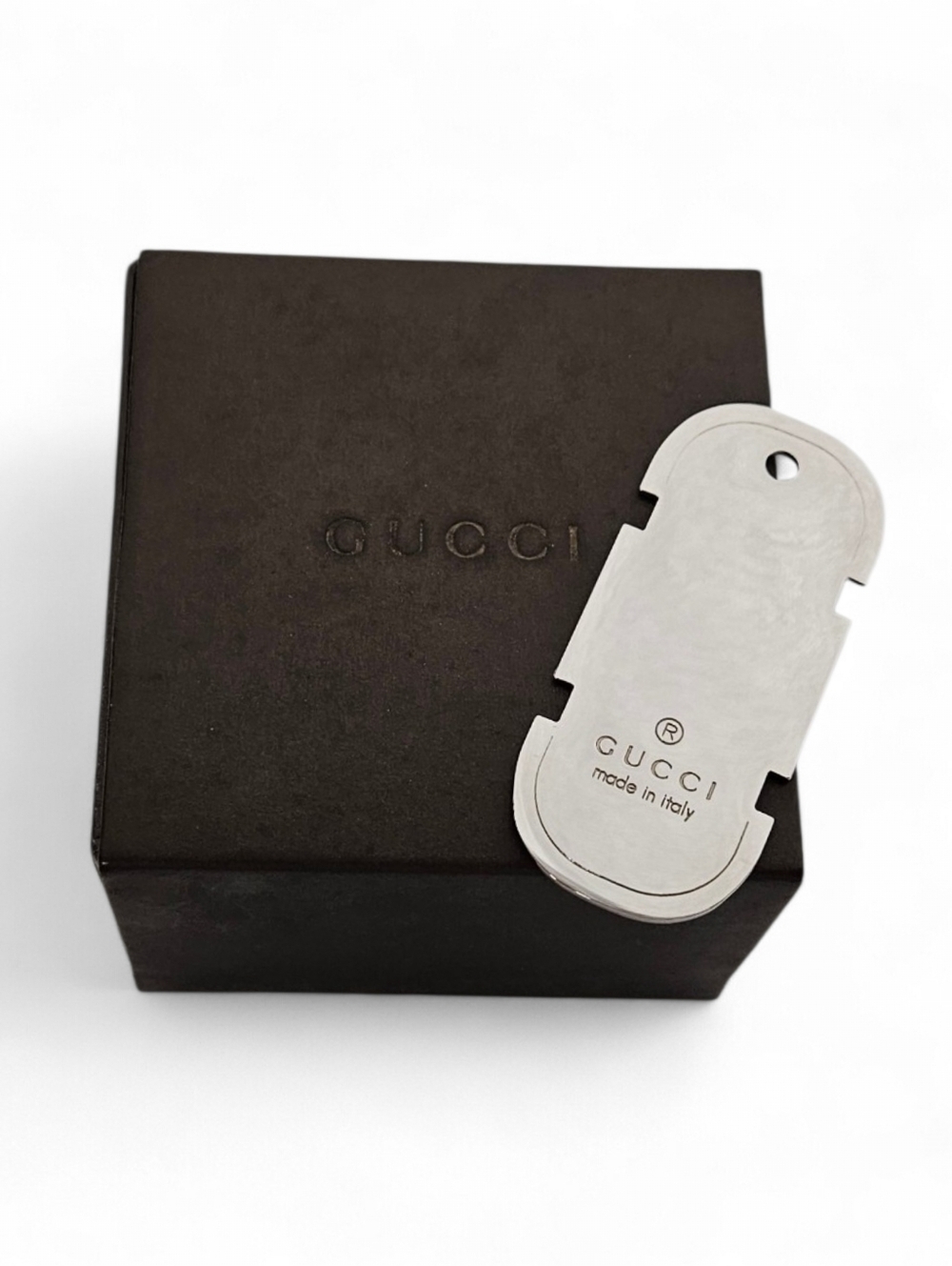 Gucci Dog Tag Pendant Charm In Silver Tone With Box